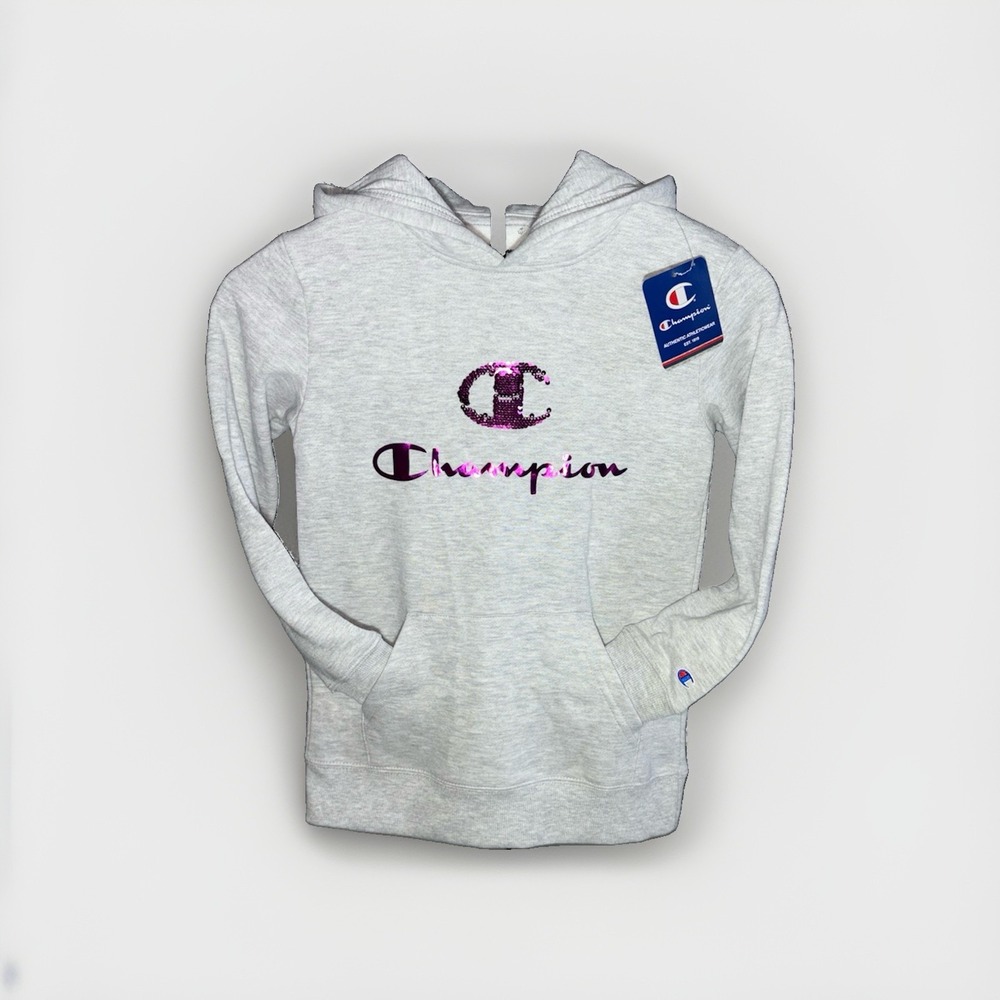 Champion Girls Grey Pullover Hoodie with Pink Sequin Logo